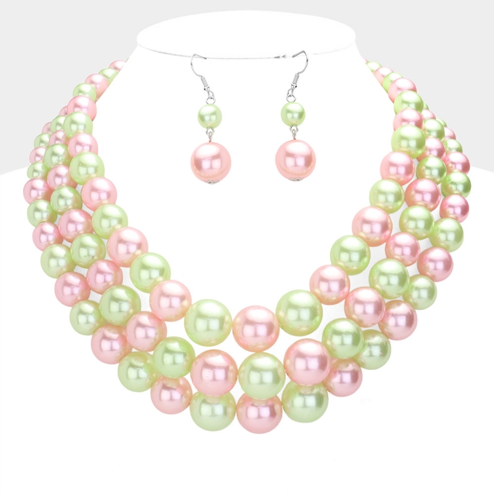 Pink and Green Pearls MultiStrand Layered Bib Necklace Set Triple Row Two Tone
